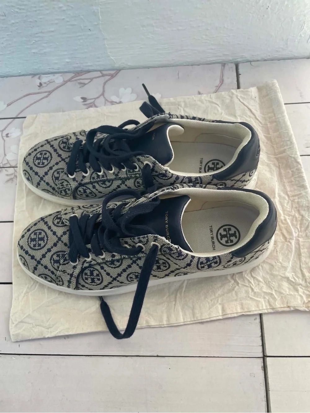 Tory Burch Navy Logo-Pattern Lace-Up Sneakers